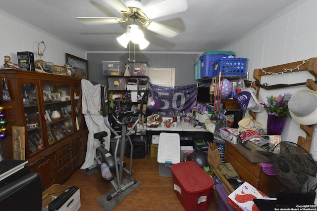 interior space with crown molding, hardwood / wood-style floors, and ceiling fan