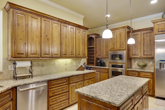 kitchen with light stone countertops, hanging light fixtures, tasteful backsplash, crown molding, and appliances with stainless steel finishes