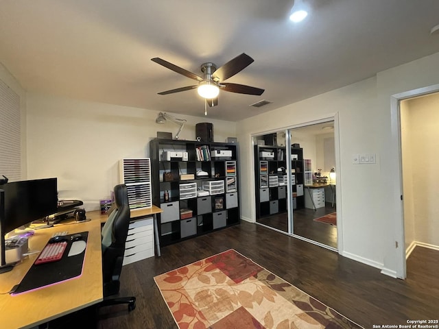 home office featuring dark wood-type flooring and ceiling fan