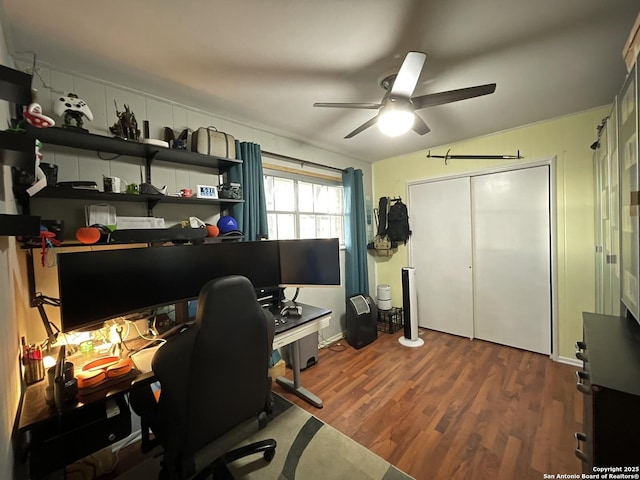 office with hardwood / wood-style flooring and ceiling fan