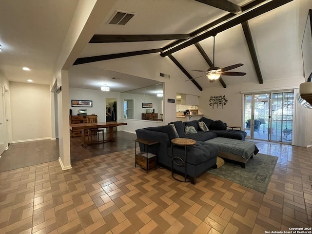 living room featuring ceiling fan, high vaulted ceiling, and beam ceiling