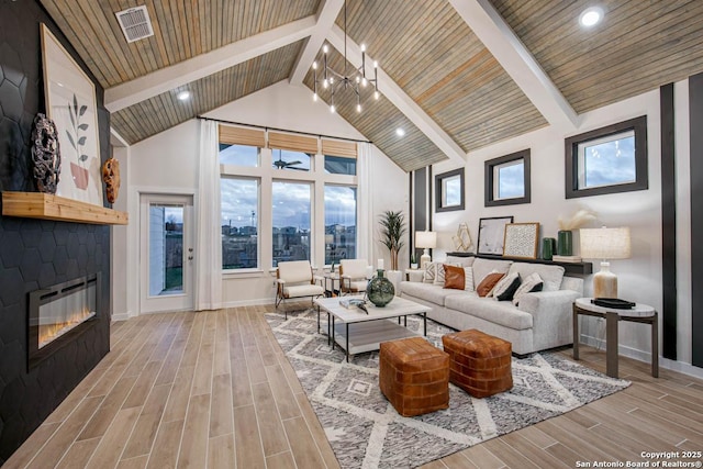 living room featuring wooden ceiling, beamed ceiling, high vaulted ceiling, and a chandelier