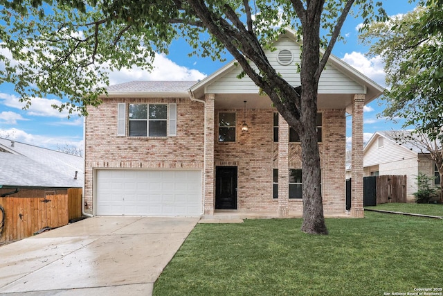 front facade with a front yard and a garage