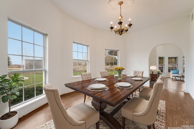 dining space with a chandelier, wood-type flooring, and a wealth of natural light