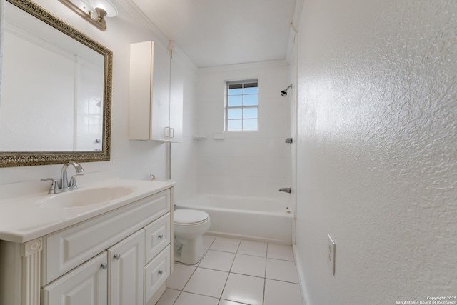 bathroom featuring tile patterned flooring, vanity, toilet, and crown molding