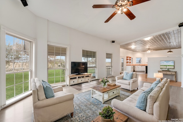 living room featuring hardwood / wood-style flooring, plenty of natural light, and ceiling fan