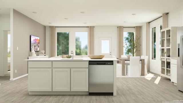 kitchen with dishwasher, a center island with sink, white cabinets, and sink