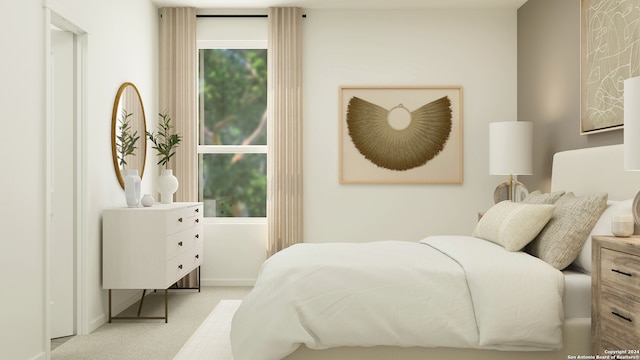 bedroom featuring light colored carpet