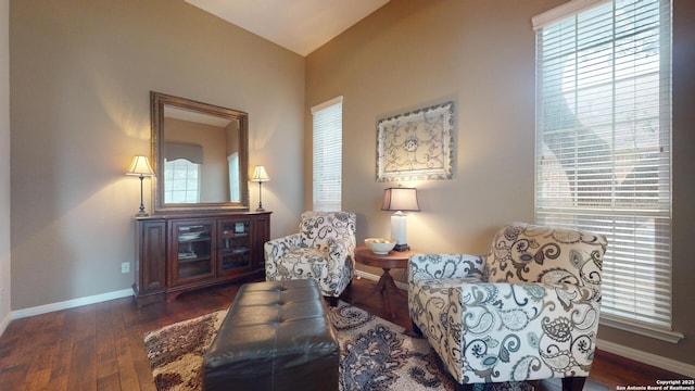 sitting room featuring dark hardwood / wood-style floors and vaulted ceiling