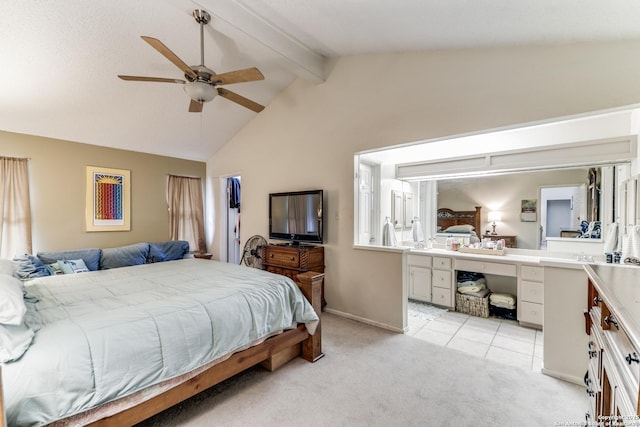 carpeted bedroom featuring lofted ceiling with beams and ceiling fan