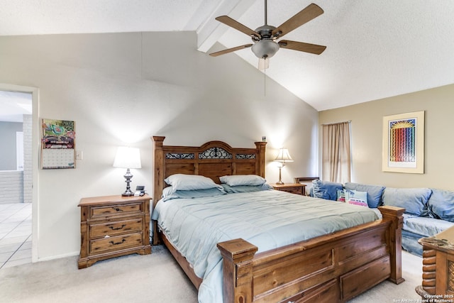 bedroom featuring ceiling fan, lofted ceiling with beams, and light carpet