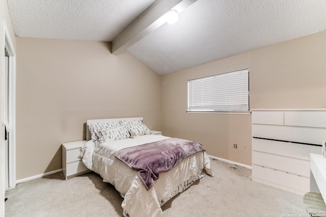 bedroom featuring vaulted ceiling with beams, light colored carpet, and a textured ceiling