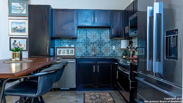 kitchen featuring backsplash, black electric range oven, sink, and fridge with ice dispenser