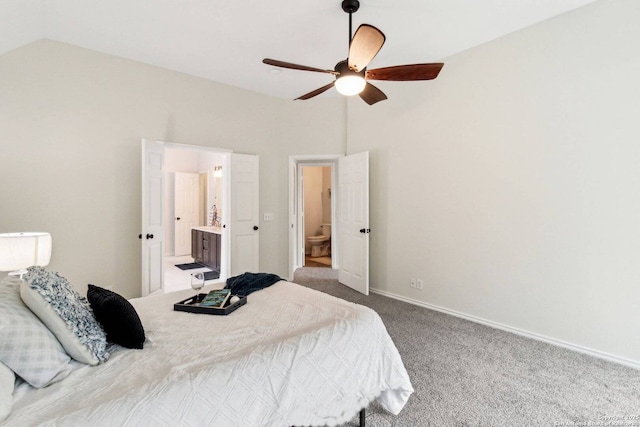 bedroom featuring carpet flooring, ensuite bath, and ceiling fan