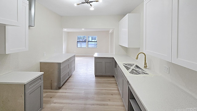 kitchen with gray cabinetry, white cabinets, sink, light hardwood / wood-style floors, and kitchen peninsula