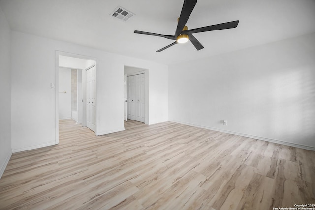 unfurnished bedroom with light wood-type flooring and ceiling fan