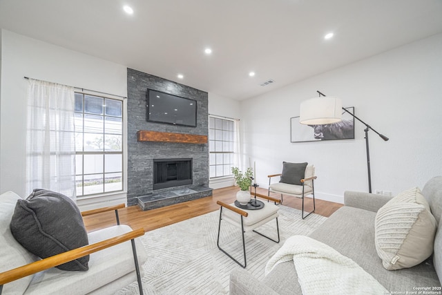 living room featuring a fireplace and wood-type flooring