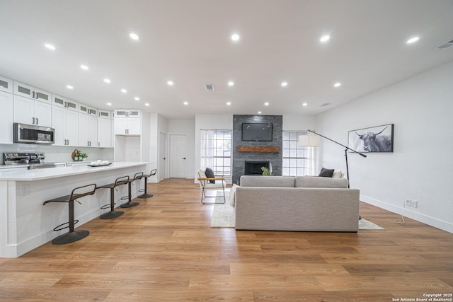 living room with a fireplace and light hardwood / wood-style flooring