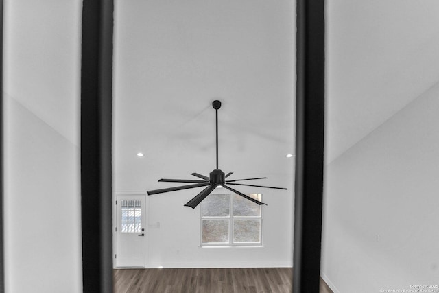 details with hardwood / wood-style floors and ceiling fan