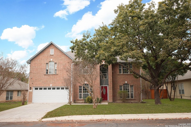 view of front of home featuring brick siding, concrete driveway, a garage, and a front yard