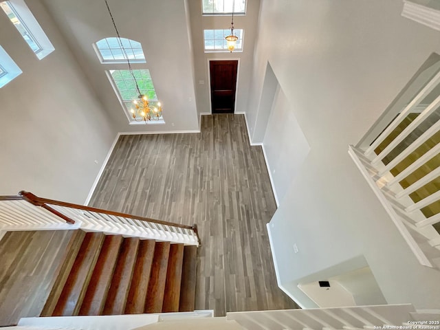 foyer entrance featuring hardwood / wood-style floors, a towering ceiling, and a notable chandelier