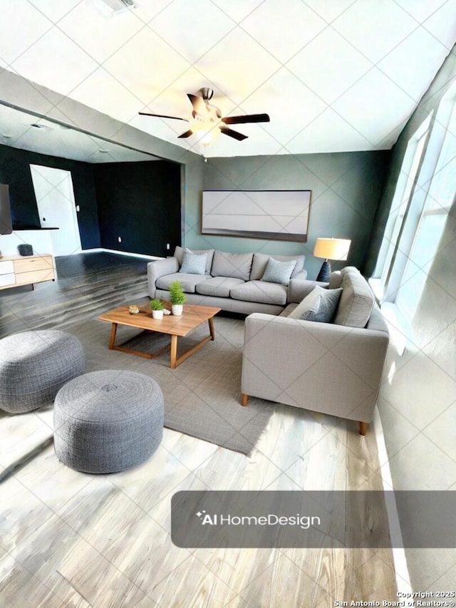 living room with ceiling fan