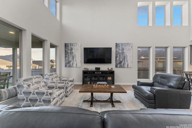 living room with hardwood / wood-style floors, a healthy amount of sunlight, and a high ceiling