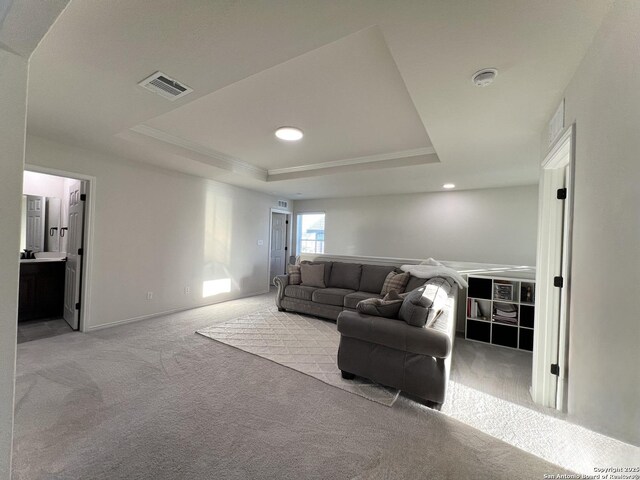 carpeted living room featuring a tray ceiling