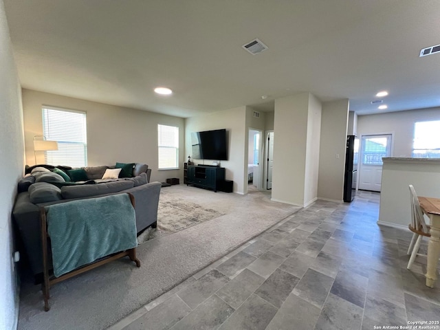 living room featuring plenty of natural light and carpet