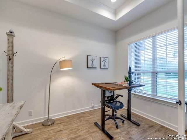 office area with wood-type flooring, ornamental molding, and a tray ceiling