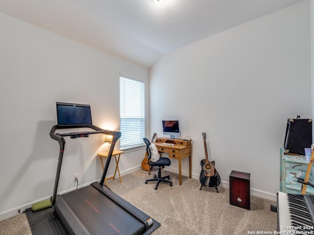 exercise room featuring carpet flooring and lofted ceiling