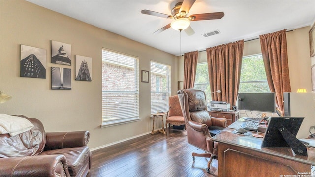 office space featuring a healthy amount of sunlight, ceiling fan, and dark wood-type flooring