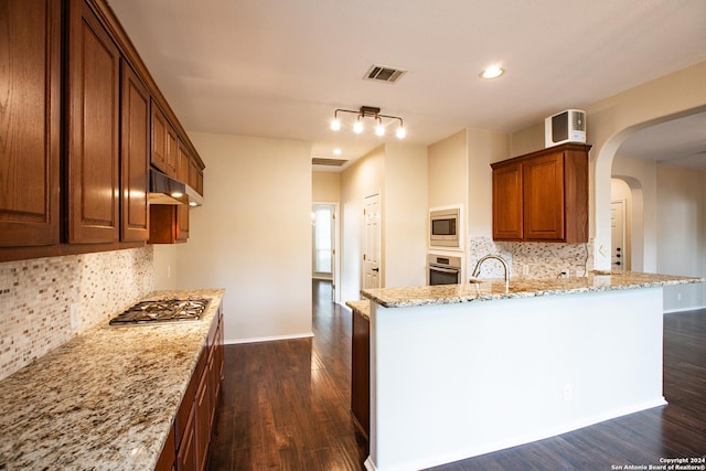 kitchen with light stone countertops, dark wood-type flooring, tasteful backsplash, kitchen peninsula, and appliances with stainless steel finishes