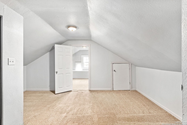 additional living space with lofted ceiling, a textured ceiling, and light carpet