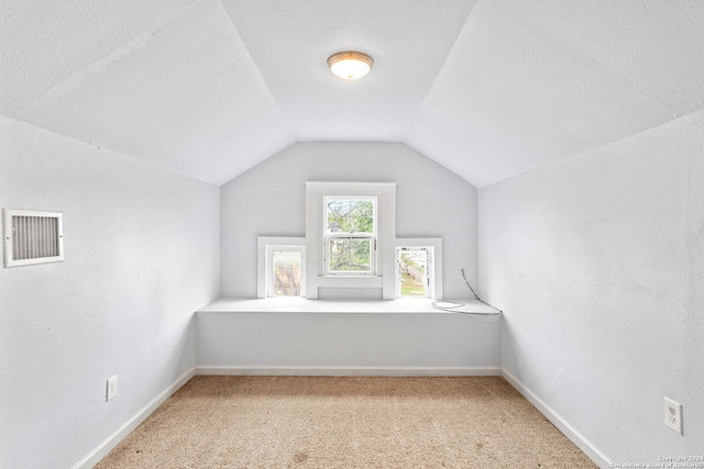 bonus room featuring light carpet, a textured ceiling, and vaulted ceiling