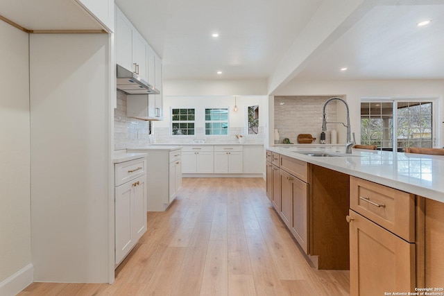 kitchen with backsplash, white cabinetry, sink, and light hardwood / wood-style flooring