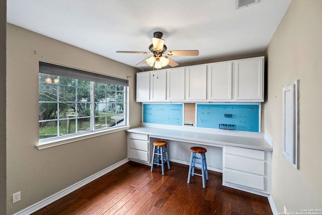 unfurnished office featuring a healthy amount of sunlight, dark wood-type flooring, ceiling fan, and built in desk