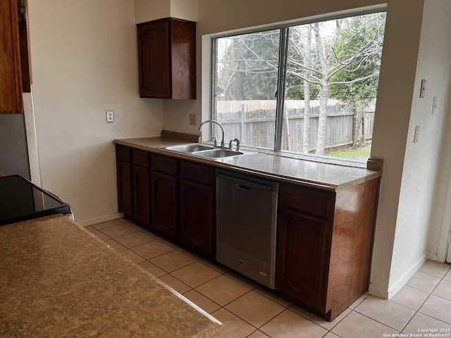 kitchen featuring dark brown cabinetry, dishwasher, plenty of natural light, and sink