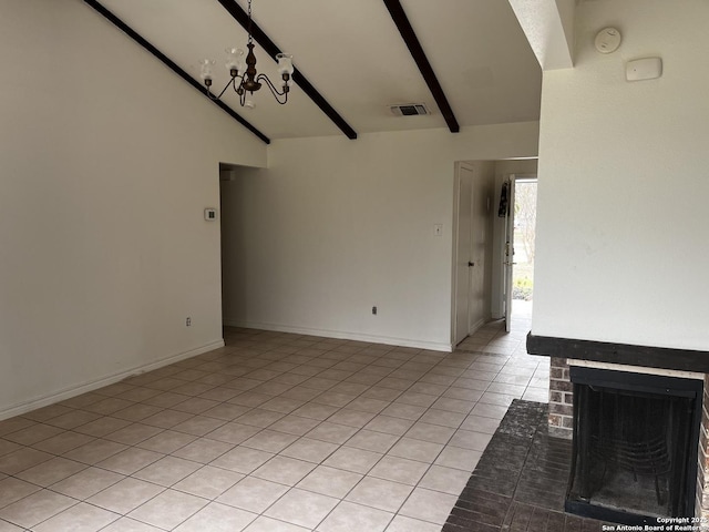 unfurnished living room with a fireplace, light tile patterned floors, lofted ceiling with beams, and an inviting chandelier