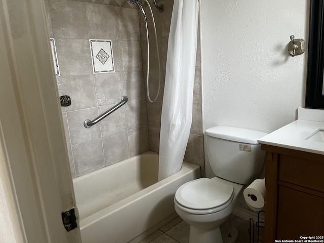 full bathroom featuring tile patterned flooring, vanity, shower / bath combination with curtain, and toilet