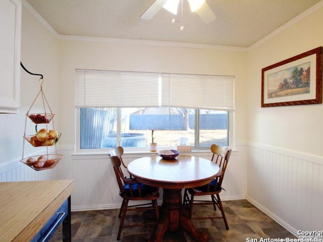 dining room with plenty of natural light, ornamental molding, and ceiling fan