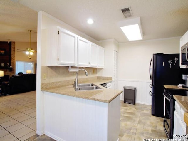 kitchen featuring white cabinetry, kitchen peninsula, electric range, and sink