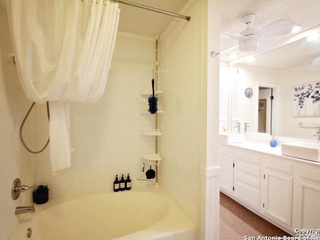 bathroom featuring vanity, shower / tub combo with curtain, ceiling fan, and crown molding