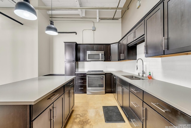 kitchen featuring pendant lighting, backsplash, sink, dark brown cabinetry, and stainless steel appliances