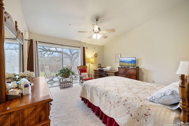 bedroom featuring vaulted ceiling, ceiling fan, access to exterior, and light carpet