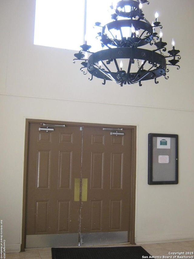 room details with electric panel and a notable chandelier