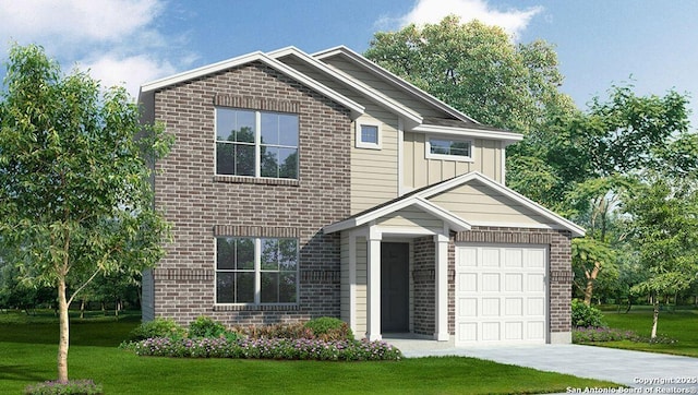 traditional home with driveway, brick siding, an attached garage, board and batten siding, and a front yard