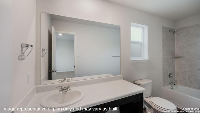 full bathroom featuring toilet, shower / bathtub combination, and vanity