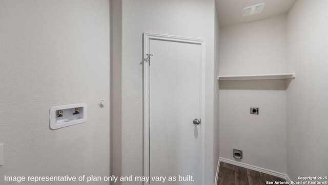 laundry area featuring washer hookup, visible vents, electric dryer hookup, wood finished floors, and laundry area