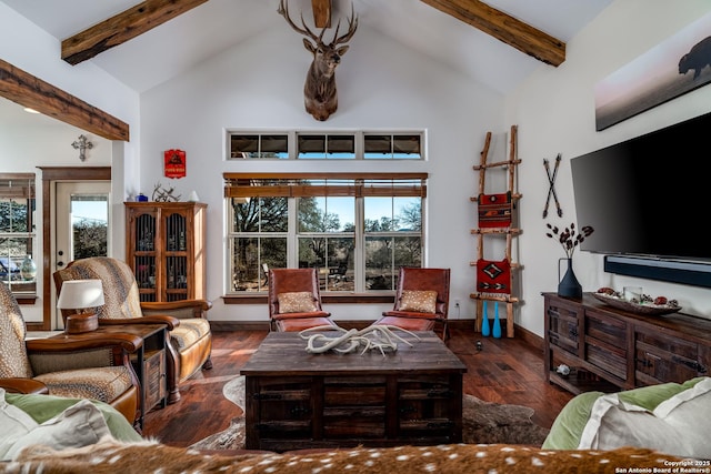 living room featuring plenty of natural light, beam ceiling, and wood finished floors